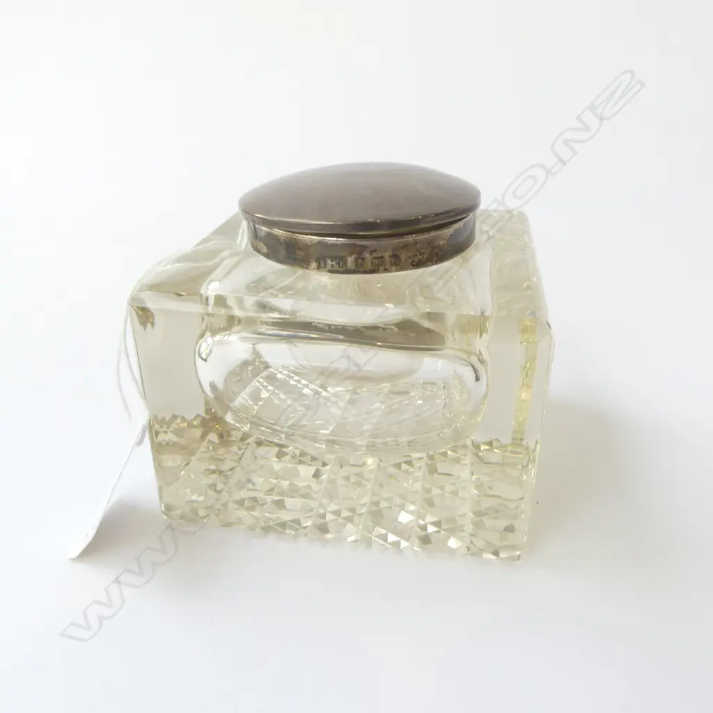 CRYSTAL INKWELL w. STG SILVER LID 90x90mm SILVER TOP LOOSE Image 1++