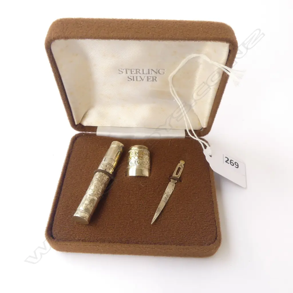 BOXED 'STERLING SILVER' 3 PCE SEWING SET needle box + thimble + threader Image 1++