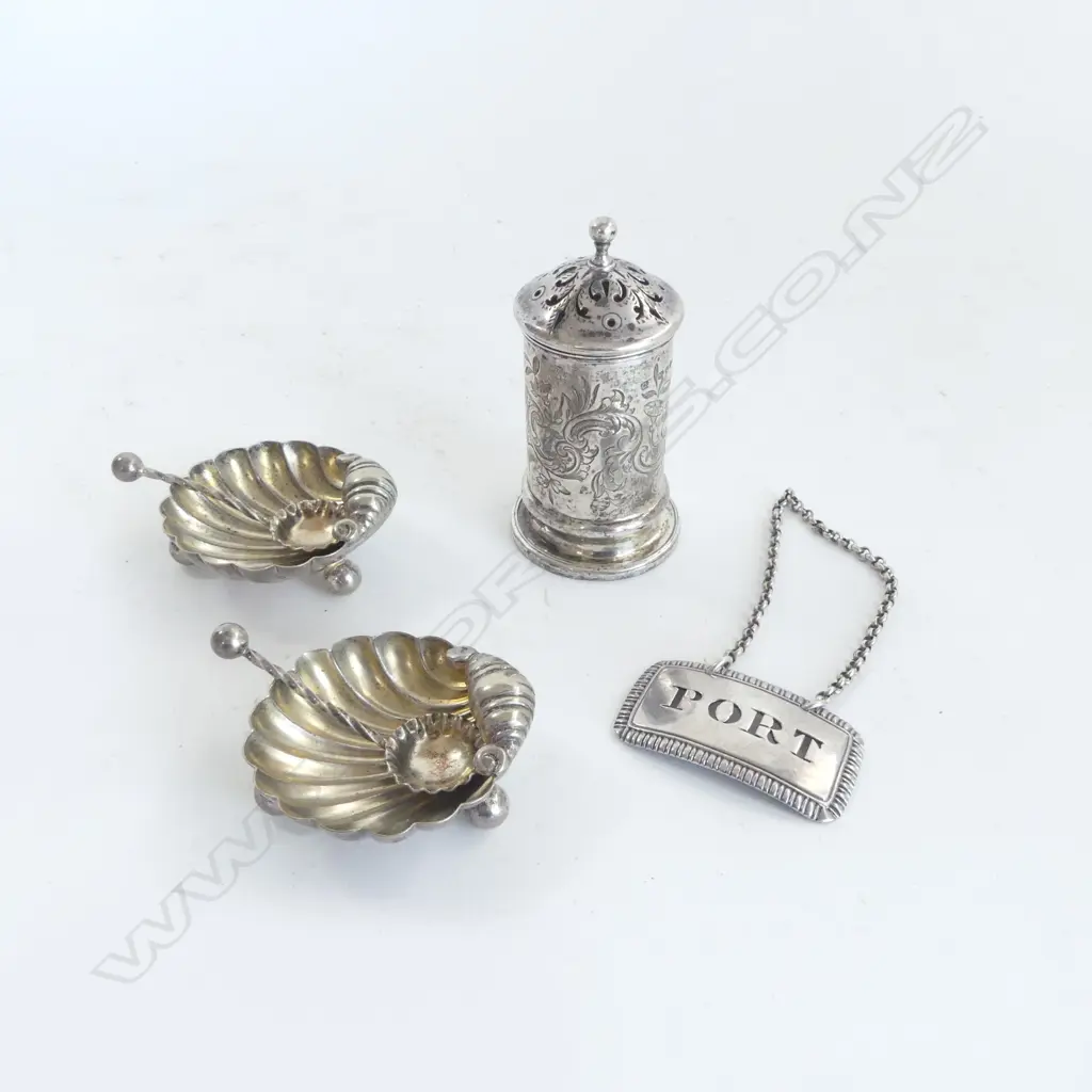 PR SILVER SHELL SALTS + SPOONS + SILVER CASTOR + George III silver 'PORT' bottle label London 1809. 95gms Image 1++