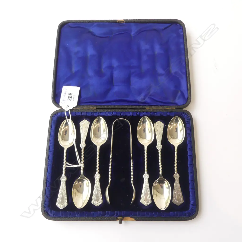 SET OF STG CUTLERY; 6 TEASPOONS + TONGS, 97grms, CASED Image 1++