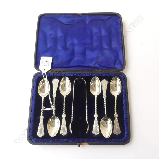 SET OF STG CUTLERY; 6 TEASPOONS + TONGS, 97grms, CASED