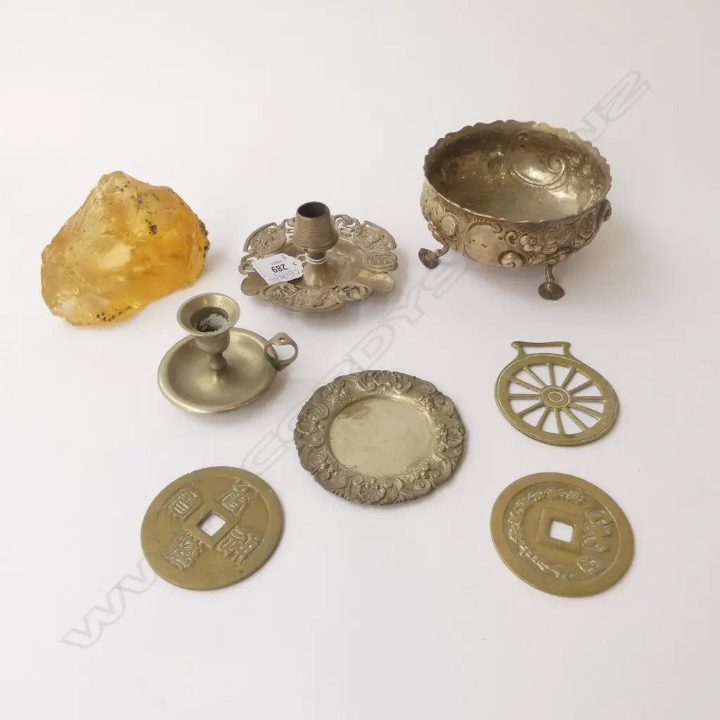 STG SILVER BOWL, LONDON 1873 235grms, STG CANDLE HOLDER 57grms, 2 ORIENTAL TOKENS, AMBER, 3 OTHER Image 1++