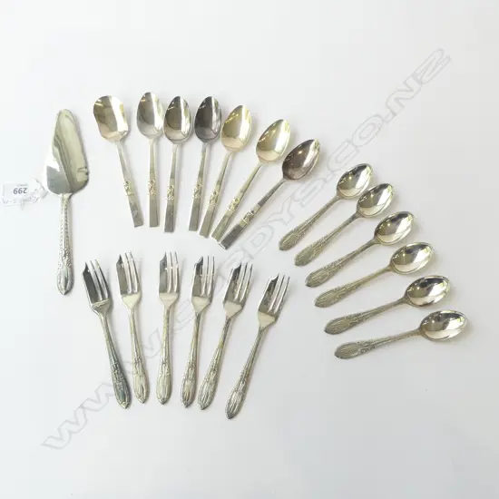 6 EP TEASPOONS & SUGAR SPOON, YEOMAN EPNS 6 FORKS & SPOONS + CAKE