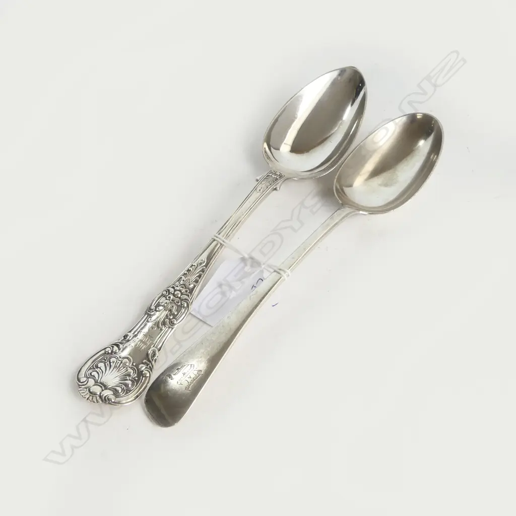 2 STG SILVER SPOONS; SINGLE STRUCK GLASGOW 1855 + LONDON 1899 162gms Image 1++