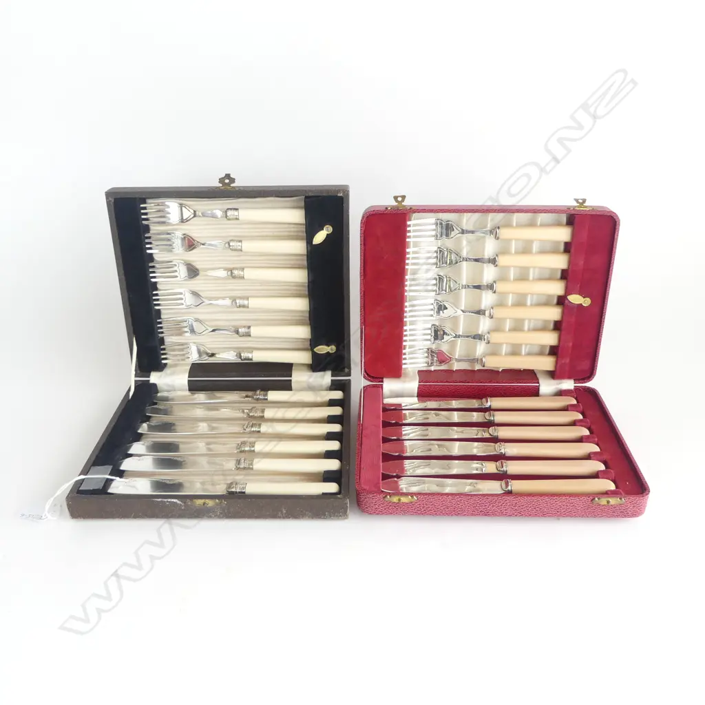 2 CASED IVORINE 'BONE' HANDLED CUTLERY SETS OF 12 EACH Image 1++