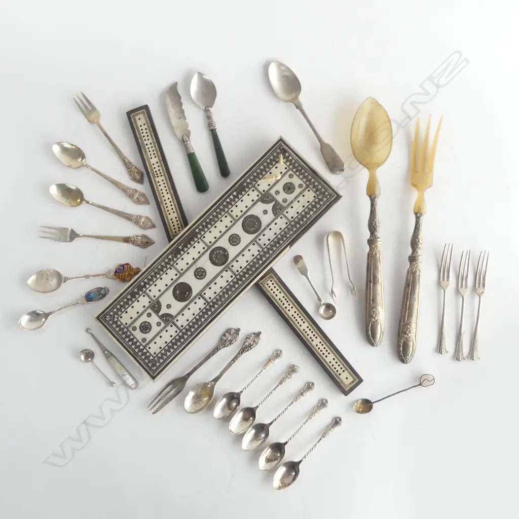 ASST. CUTLERY (SOME STG 138grms) + ANTIQUE CRIB BOARD AF Image 1++