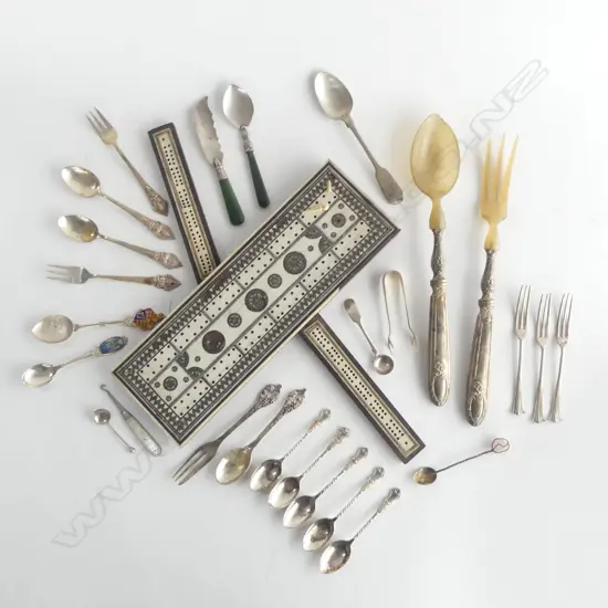 ASST. CUTLERY (SOME STG 138grms) + ANTIQUE CRIB BOARD AF