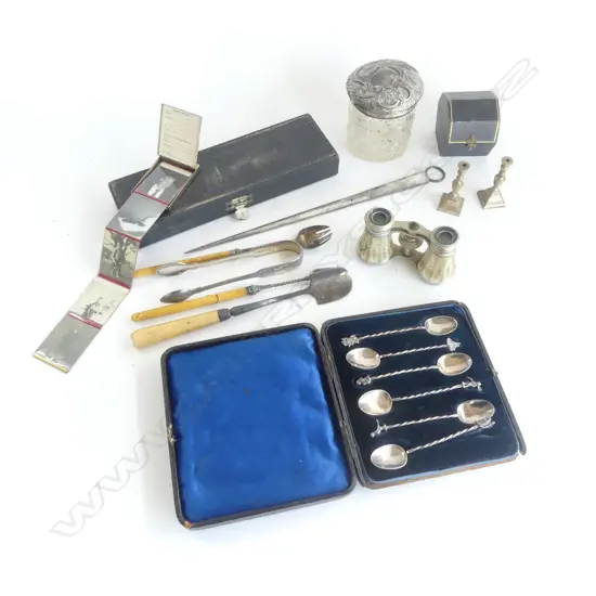 ASST. EP + 6 EURO SILVER TEASPOONS, 47grms STG SILVER LIDDED CONTAINER (LID 39grms), OPERA GLASSES ETC