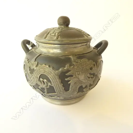 CHINESE BLACK CLAY w PEWTER OVERLAY SUGAR BOWL, DRAGON & BAT MOTIFS, H.100mm