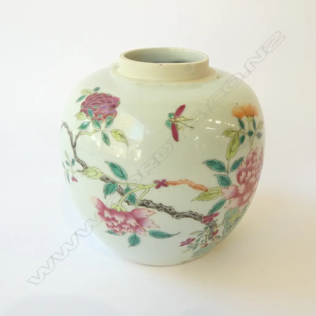 OLD CHINESE GINGER JAR BLUE/GRN GROUND w FLORAL DESIGN, H.125mm Image 1++