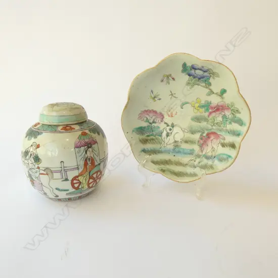 2 PCS FAMILLE ROSE GINGER JAR & FOOTED DISH with certificate