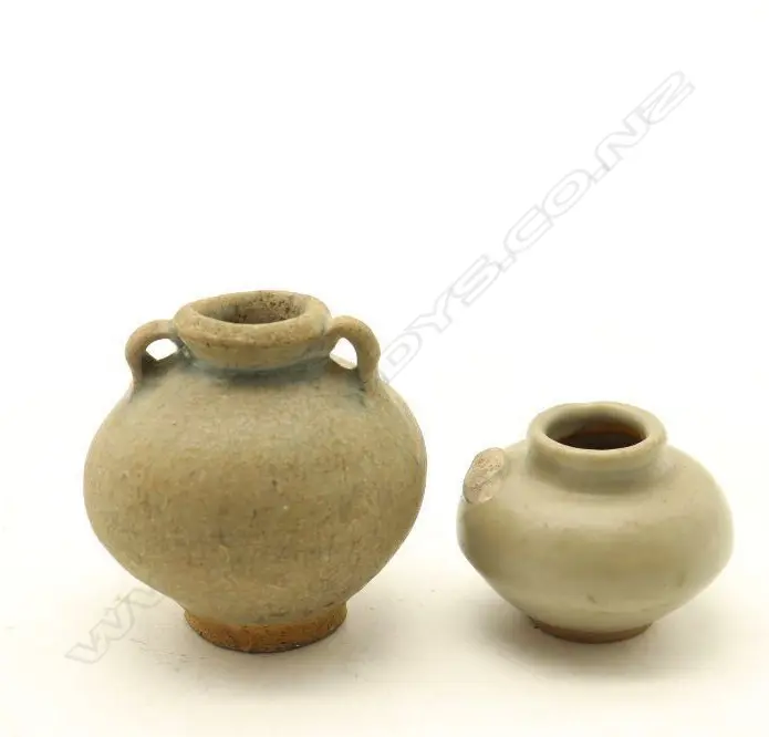 Two Chinese Song Yuan Period Celadon-glazed Handled Small Jars. H.70mm-John Perry Collections Image 1++