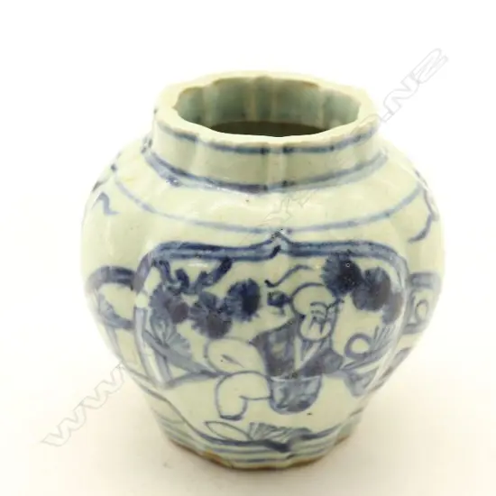 An old Chinese Ming Dynasty style Blue and White 'Figures' Vase H.100mm-John Perry Collections