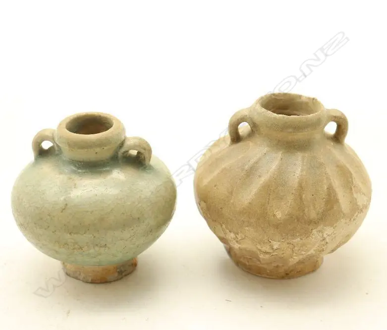 Two Chinese Song Yuan Period Celadon-glazed Handled Small Jars. H.70mm-John Perry Collections Image 1++