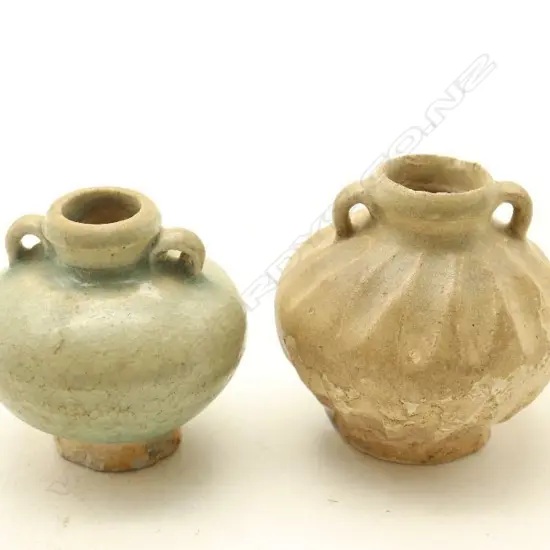Two Chinese Song Yuan Period Celadon-glazed Handled Small Jars. H.70mm-John Perry Collections