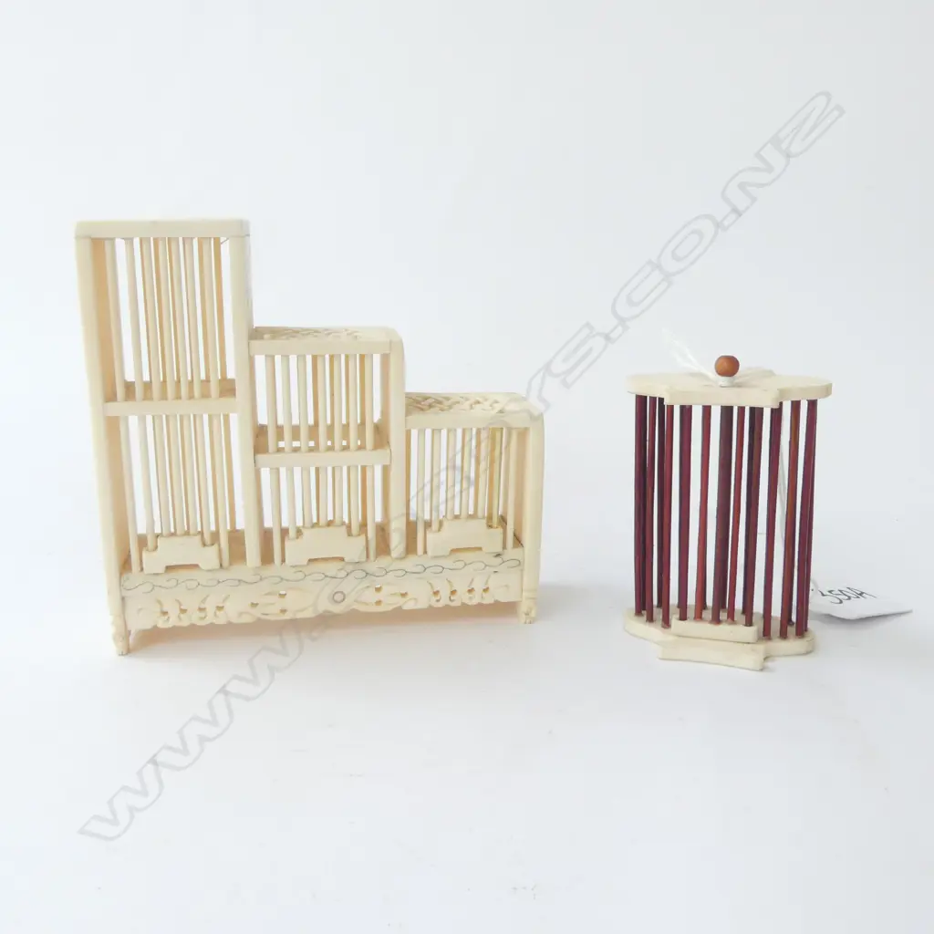 2 BONE CRICKET CAGES; 1 WITH WOODEN BARS, OTHER WITH 3 TIERS OF GRADUATING HEIGHT, H.100mm Image 1++