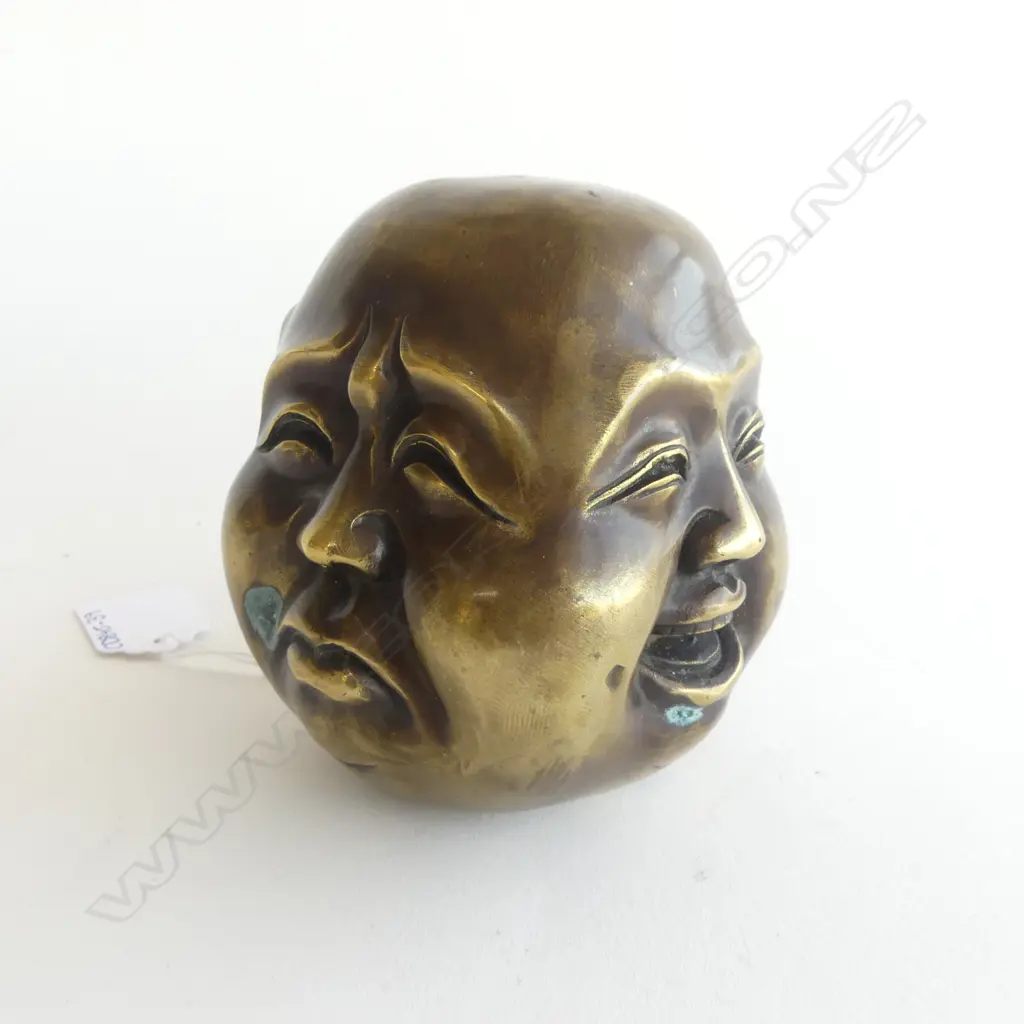HEAVY BRASS TRI FACED BUDDHA HEAD; STAMP TO BASE H.100mm Image 1++