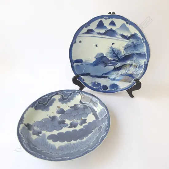 2 LRG OLD CHINESE PORCELAIN SHALLOW DISHES, dia.300mm (1 has hairline)