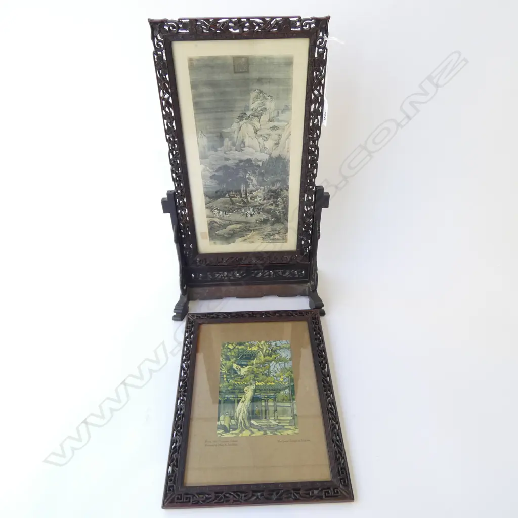 2 ORIENTAL CARVED WOODEN PICTURE FRAMES ONE w. STAND H.440mm Image 1++