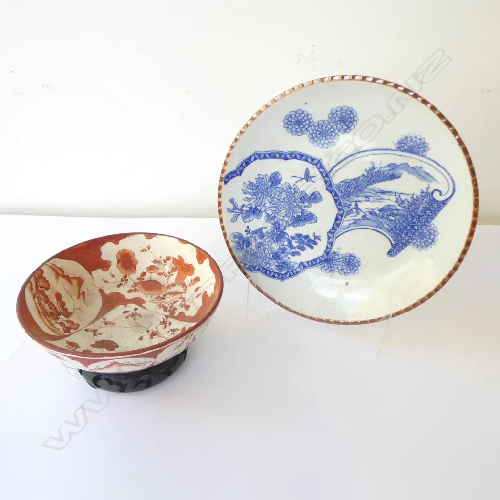 VINTAGE JAPANESE KUTANI WARE PORCELAIN BOWL (hairline & crazing) & B/W IGEZARA  PLATE Image 1++