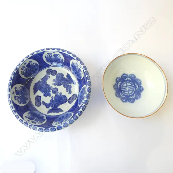 TWO OLD CHINESE PORCELAIN B/W BOWLS, Dia.190 & 250mm