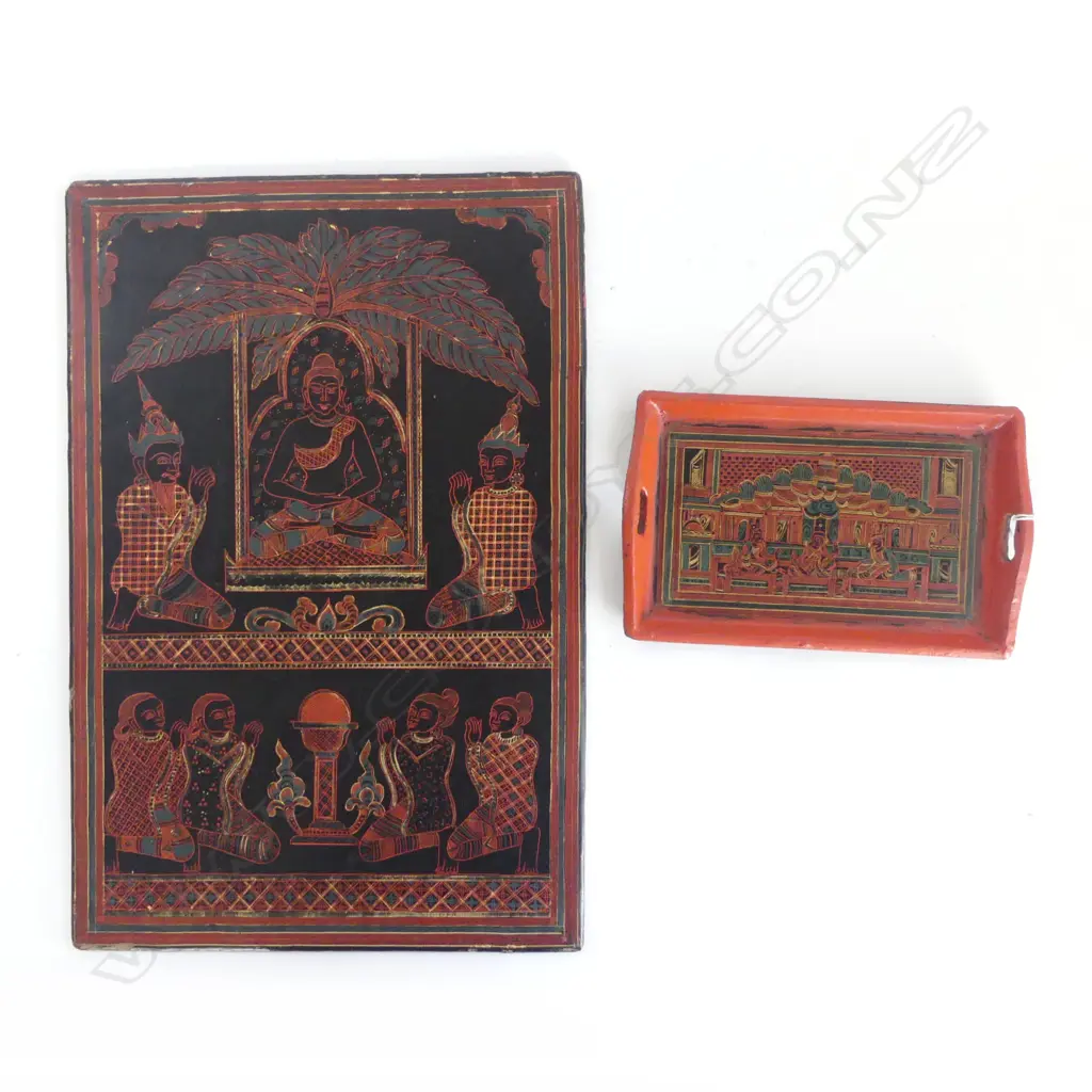 2 PCES INDONESIAN LACQUERWARE; TRAY & PANEL 460x305mm Image 1++