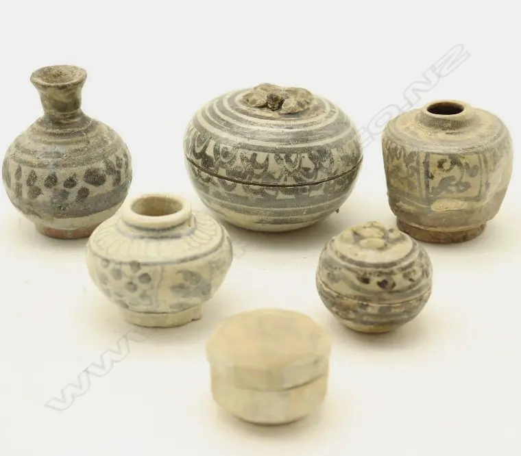An old Group of Six Chinese Ming Dynasty style Blue and White Small Jars-John Perry Collections Image 1++