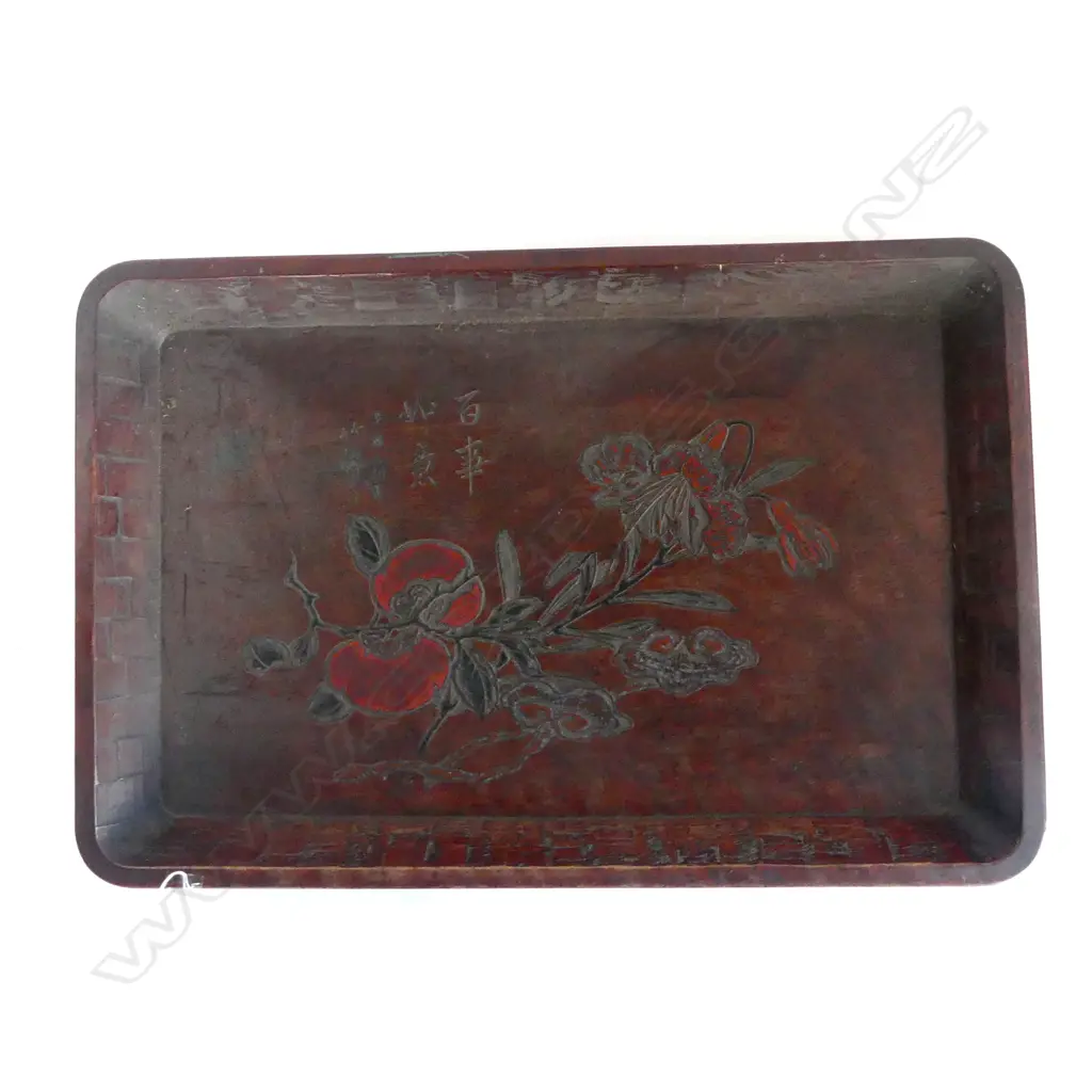 KAMAKURA JAPANESE CARVED WOODEN TRAY with persimmon decoration. L.630mm  Image 1++