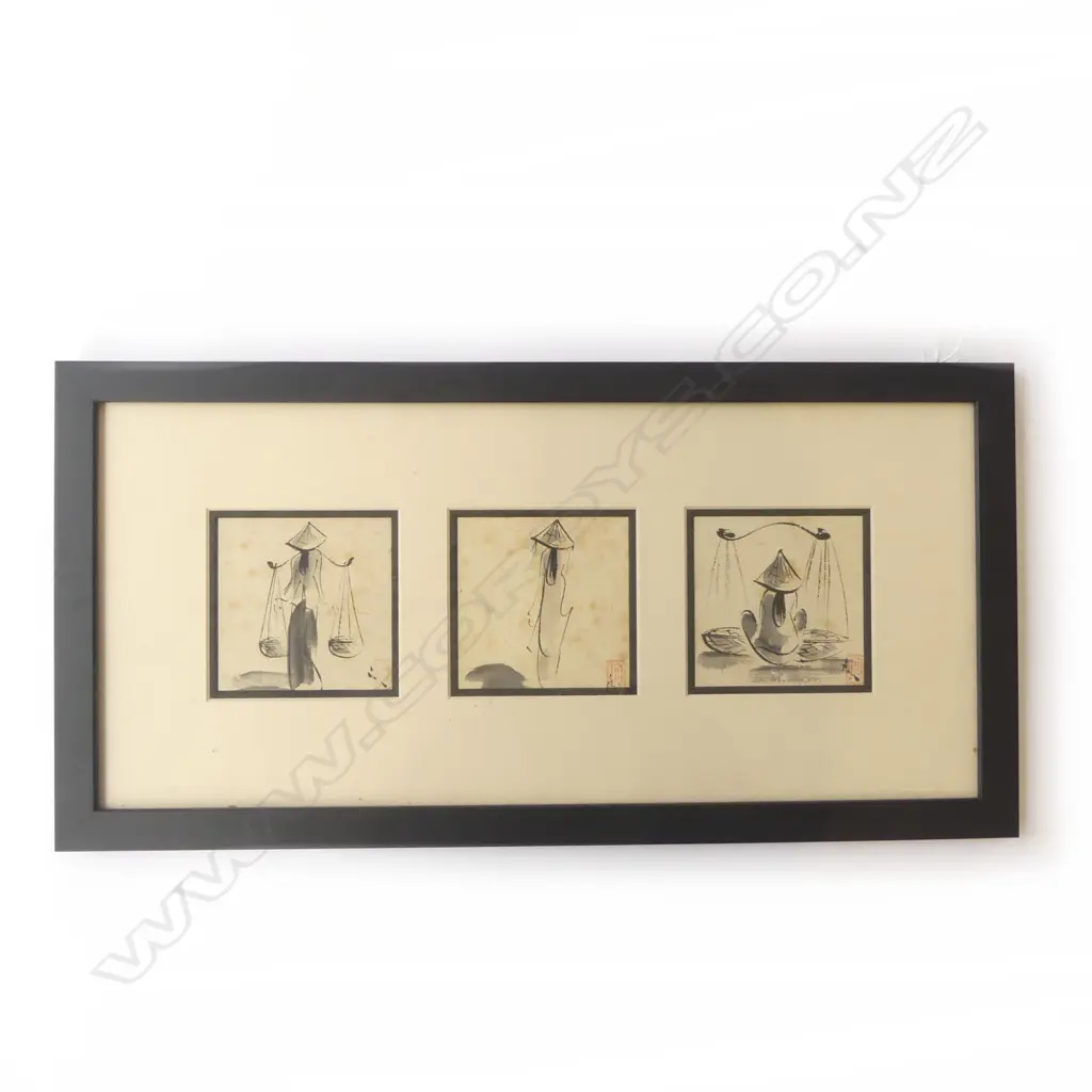 3 ORIENTAL INK & WASH WOMAN FIGURE STUDIES in 1 frame. 250 x 500mm. Ex. The estate of John Perry Image 1++