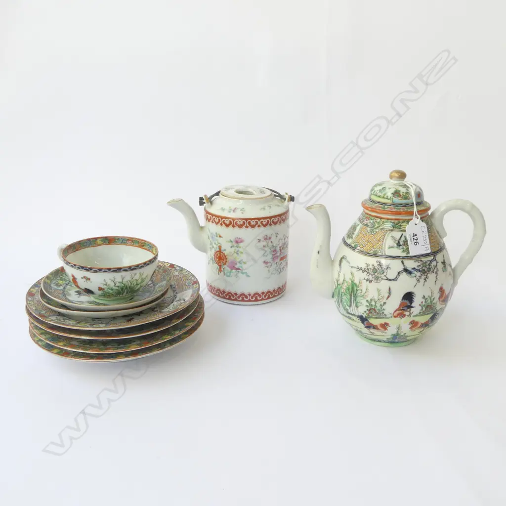 2 CHINESE TEAPOTS + TEACUP, 2 SAUCERS, 5 SIDE PLATES 185mm dia Image 1++