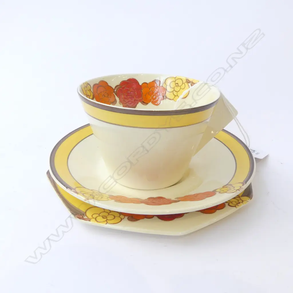 CLARICE CLIFF CONICAL CUP SAUCER PLATE SET red orange yellow florals Image 1++