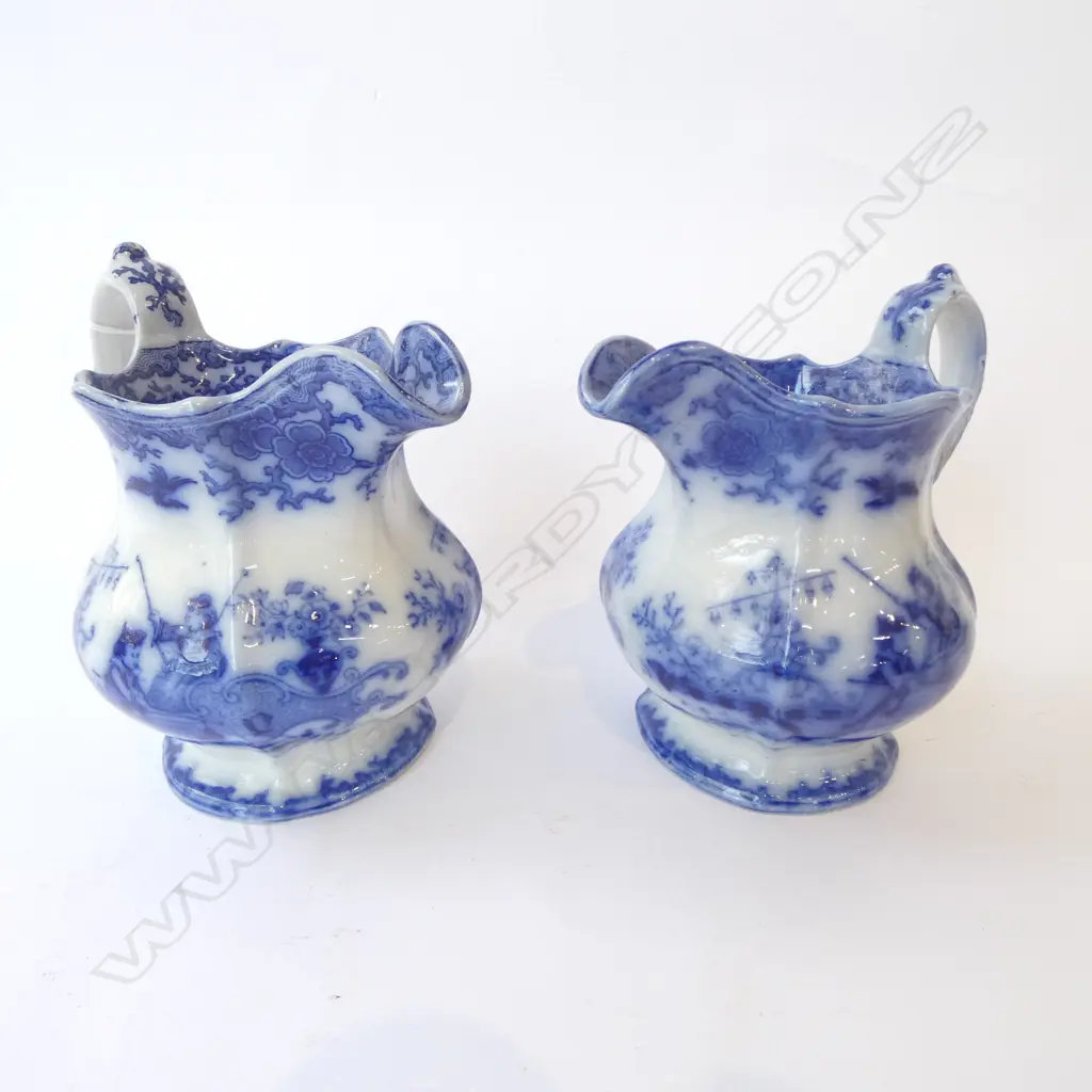 PR EARLY 19thC FLOW BLUE SCINDE PITCHERS marked NANKIN, RH & CO to base, H.185mm Image 1++