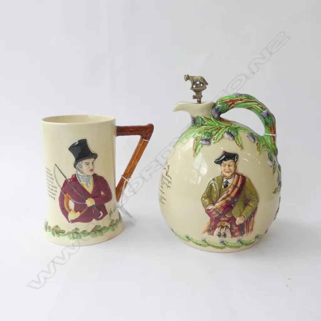 CROWN DEVON WHISKEY JUG AULD LANG SYNE H190 & CROWN DEVON MUG JOHN PEEL H155MM Image 1++
