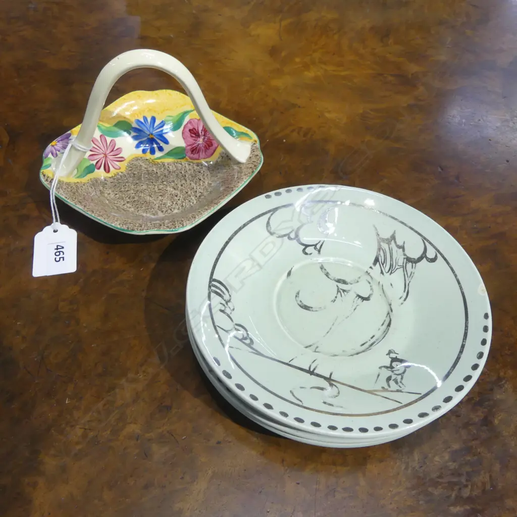 CLARICE CLIFF 4 X  'AUREA' PATTERN SAUCERS + 'NASTURTIUM' over-head handled DISH. H.95mm Image 1++