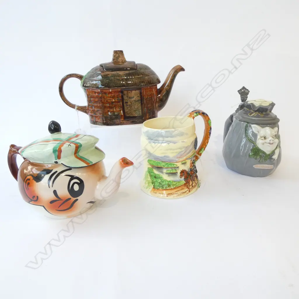 4 PCS; 2 VINTAGE TEAPOTS, WADE/STAFFORDSHIRE, CROWN DEVON MUSICAL TANKARD & PORCELAIN/PEWTER SHAMROCK PIG COOKIE JAR Image 1++
