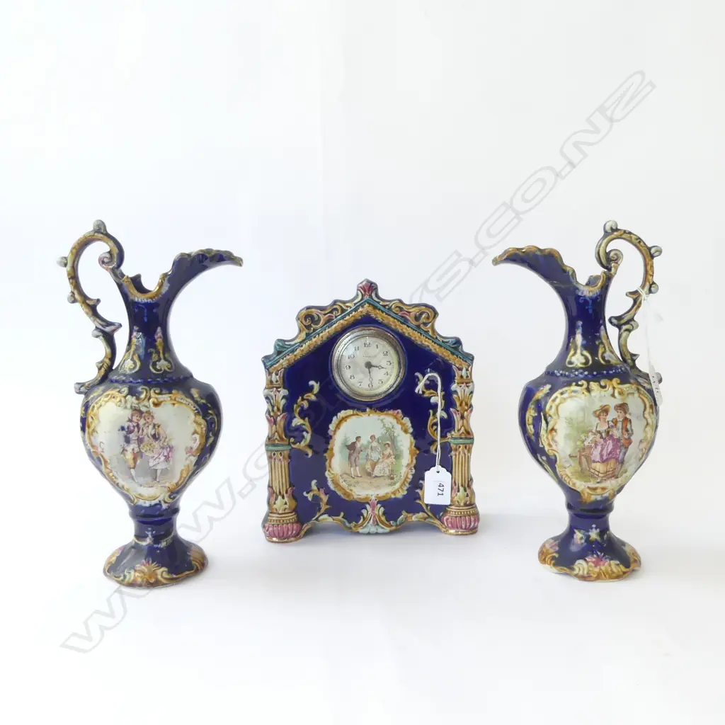 EDWARDIAN CHINA CLOCK H240MM & PR OF MATCHING JUG SIDE ORNS ONE REPAIRED Image 1++