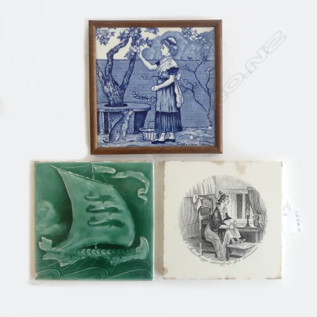 19THC TILES - WEDGWOOD 'SEPTEMBER'/CHARLES DICKENS CHARACTER/VIKING SHIP 152 x 152 x 152mm Image 1++