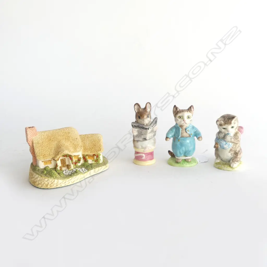 3 BESWICK BEATRIX POTTER FIGURINES (sml size) H.85mm (tallest) & LILLIPUT LANE ROSE COTTAGE L.100mm Image 1++