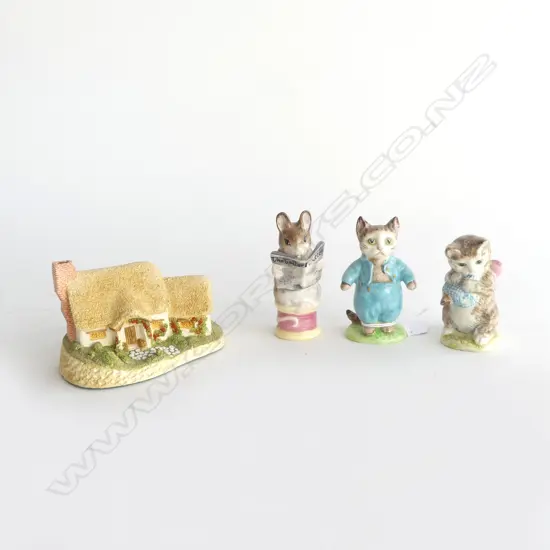 3 BESWICK BEATRIX POTTER FIGURINES (sml size) H.85mm (tallest) & LILLIPUT LANE ROSE COTTAGE L.100mm
