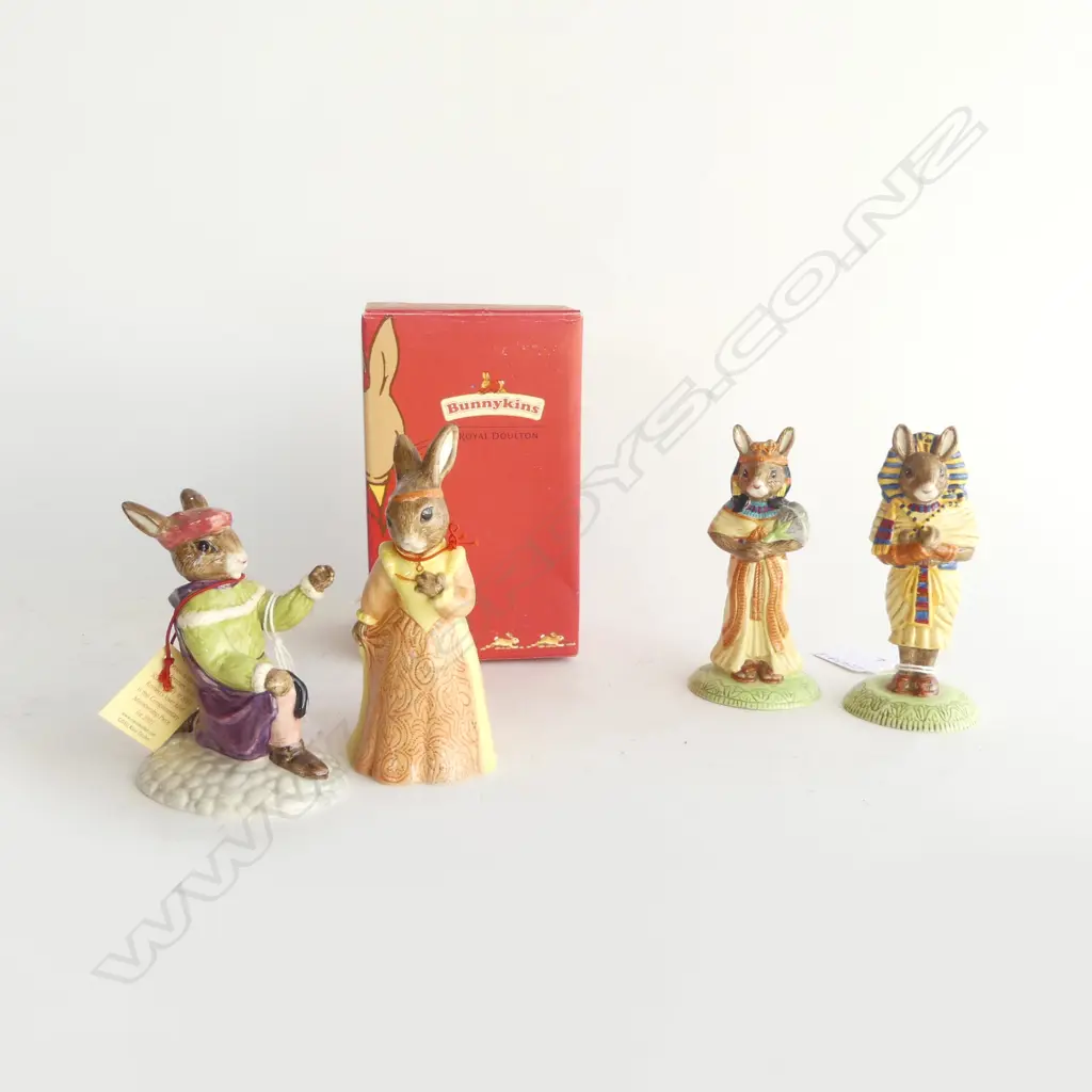 4 ROYAL DOULTON BUNNYKIN FIGURINES in original boxes; ROMEO, JULIET, TUTANKHAMUN & ANKHESENAMUN Image 1++