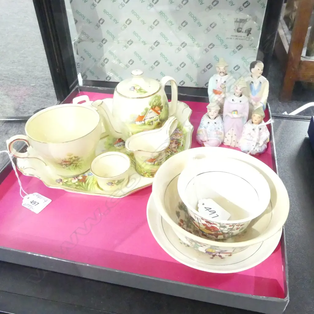 ROYAL WINTON BREAKFAST TEASET, 3PCs 19thC HAND PAINTED CHINOISERIE, GRP GERMAN BISQUE PORCELAIN NODDING FIGS Image 1++