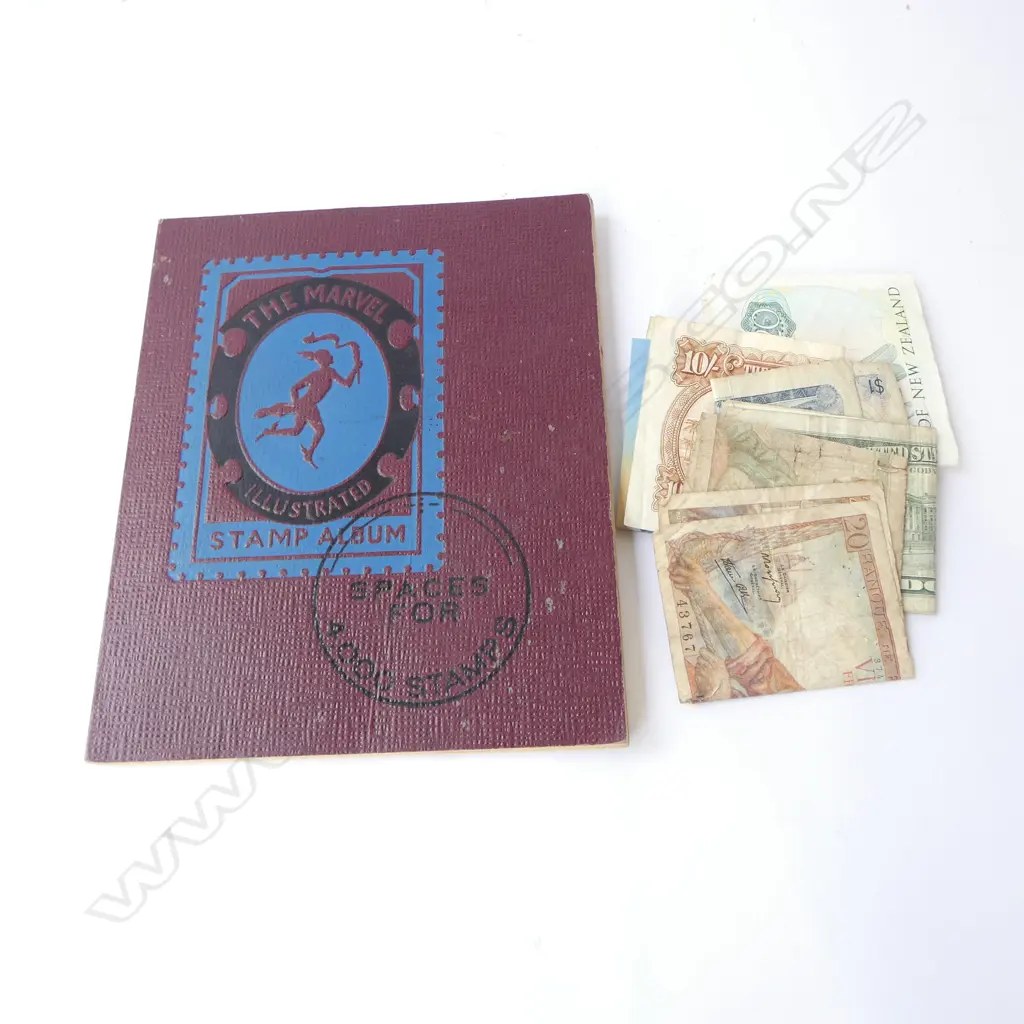 ASST. WORLD BANK NOTES + WORLD STAMP ALBUM Image 1++