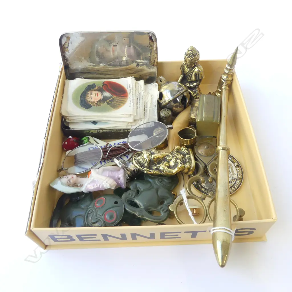 COLLECTABLES INCLDS; EARLY 20thC CIGARETTE SILKS 'The Old Masters', BRASS BUDDHA & GANESH, CANDLE SNUFFER & SML TACK HAM Image 1++