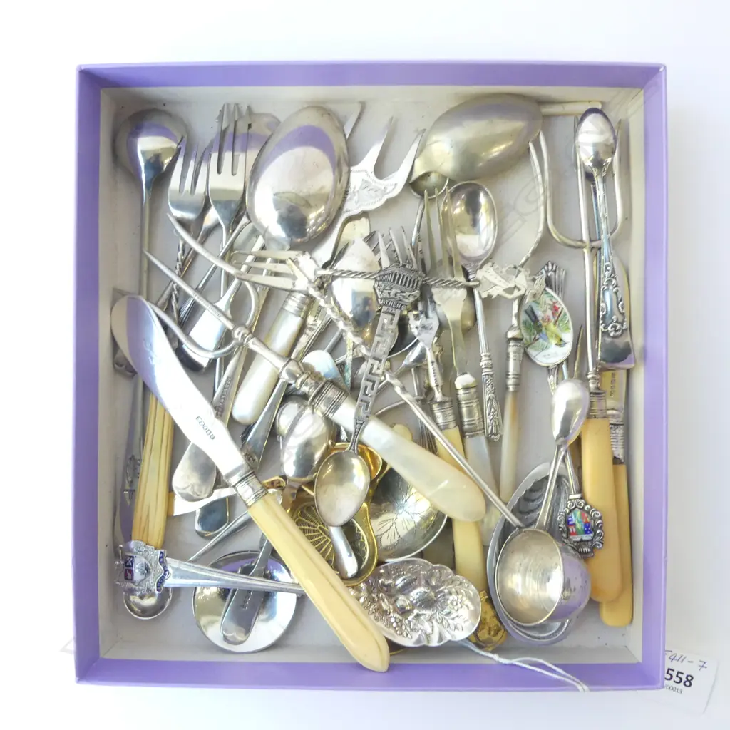 ASST. OLD CUTLERY INCLDS MOP & IVORY HANDLED, SALT SPOONS & CADDY SPOONS Image 1++