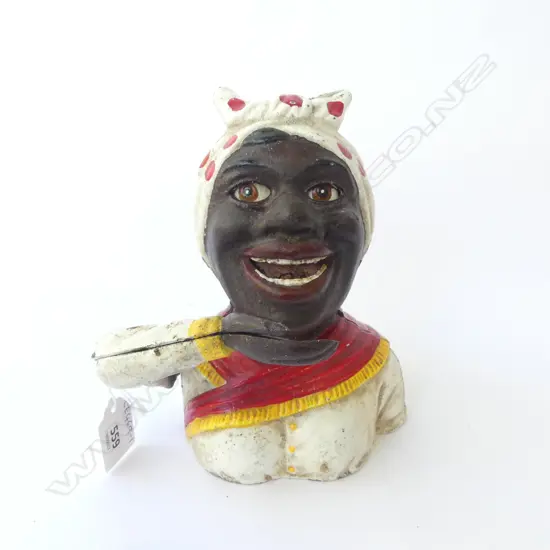 J.E. STEVENS ANTIQUE 1889 CAST IRON FIGURAL MONEY BOX, WOMEN IN SPOTTED SCARF H.180mm