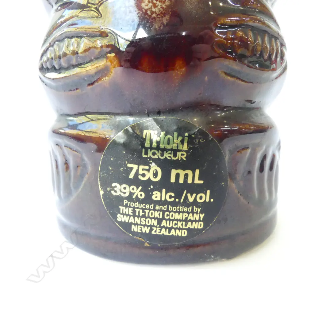ORIGNAL TITOKI LIQUER BOTTLE SWANSON AUCKLAND WTH LABEL & CONTENTS, BROWN TRICKLE GLAZE H.300mm  Image 1++