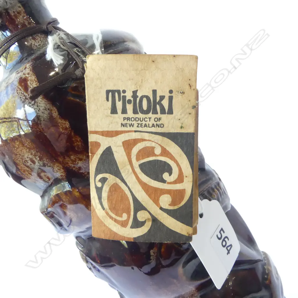 ORIGNAL TITOKI LIQUER BOTTLE SWANSON AUCKLAND WTH LABEL & CONTENTS, BROWN TRICKLE GLAZE H.300mm  Image 1++
