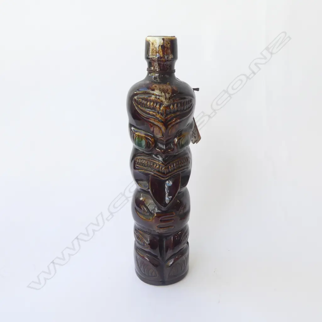 ORIGNAL TITOKI LIQUER BOTTLE SWANSON AUCKLAND WTH LABEL & CONTENTS, BROWN TRICKLE GLAZE H.300mm  Image 1++