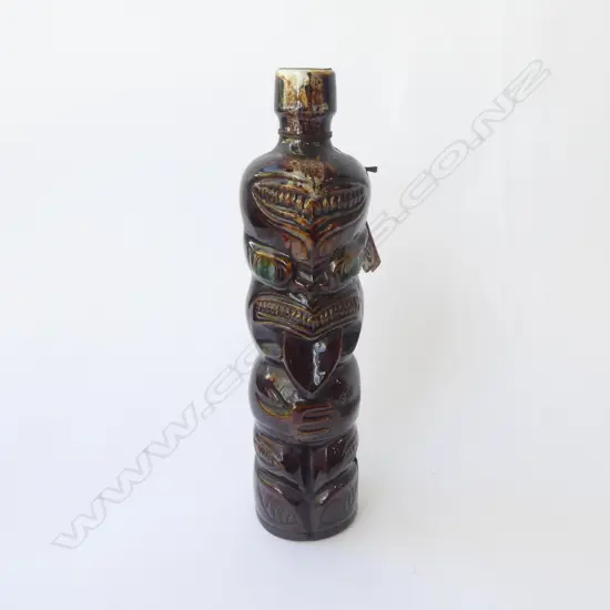 ORIGNAL TITOKI LIQUER BOTTLE SWANSON AUCKLAND WTH LABEL & CONTENTS, BROWN TRICKLE GLAZE H.300mm 