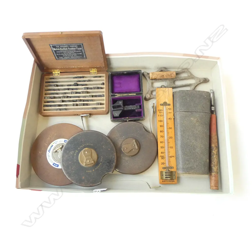 ASSTD. COLLECTIBLES STEEL MEASURING TAPES, TYPE PRINT, VIEWER, THERMOMETER ETC  Image 1++